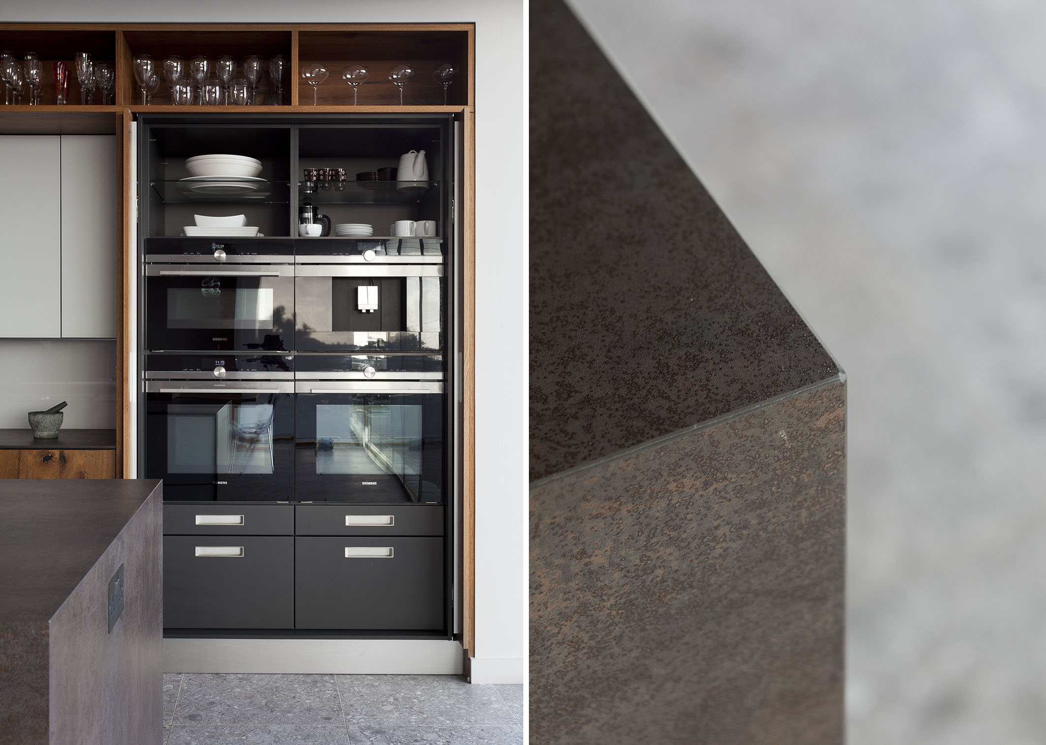 White hi gloss kitchen with coffee station and hidden utility