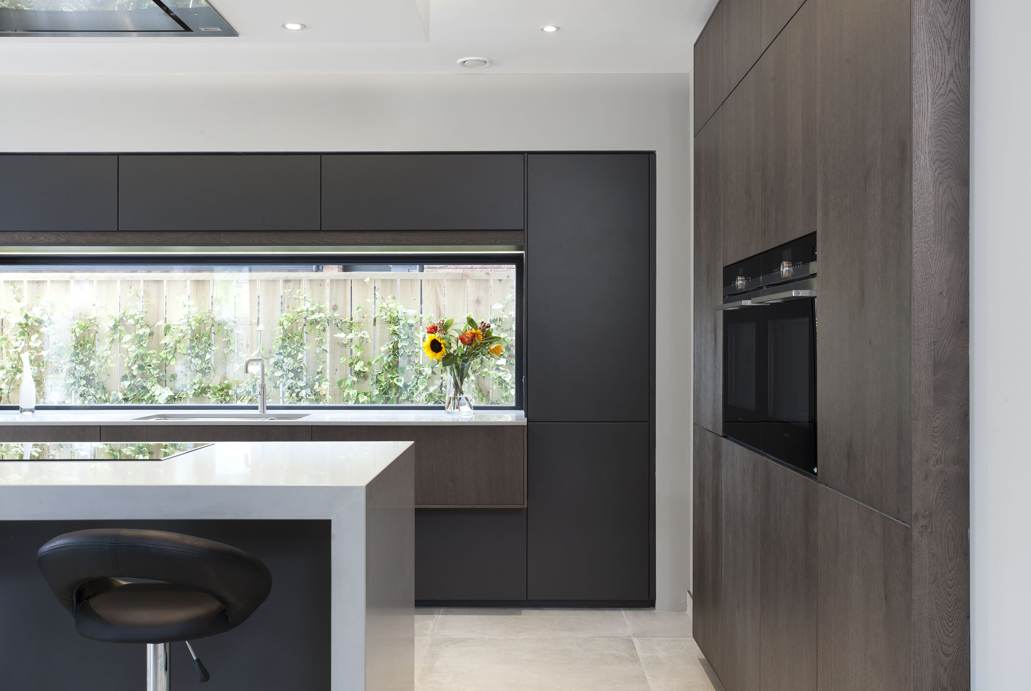 White hi gloss kitchen with coffee station and hidden utility