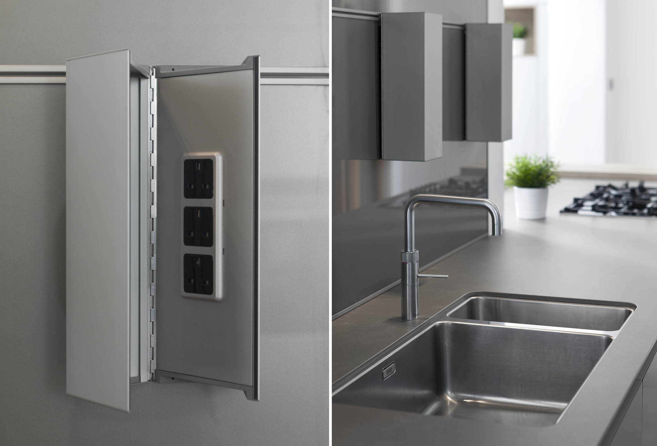 White hi gloss kitchen with coffee station and hidden utility