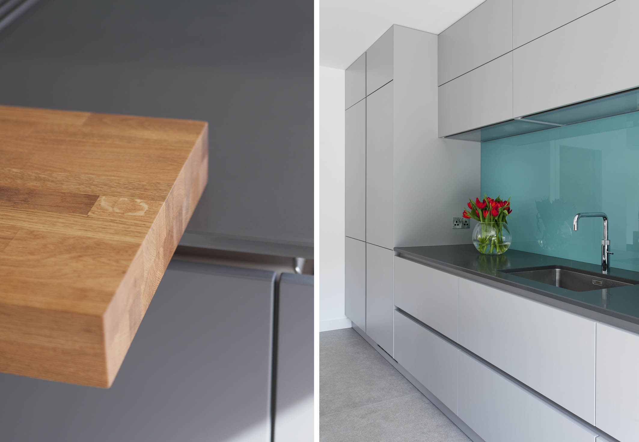 White hi gloss kitchen with coffee station and hidden utility