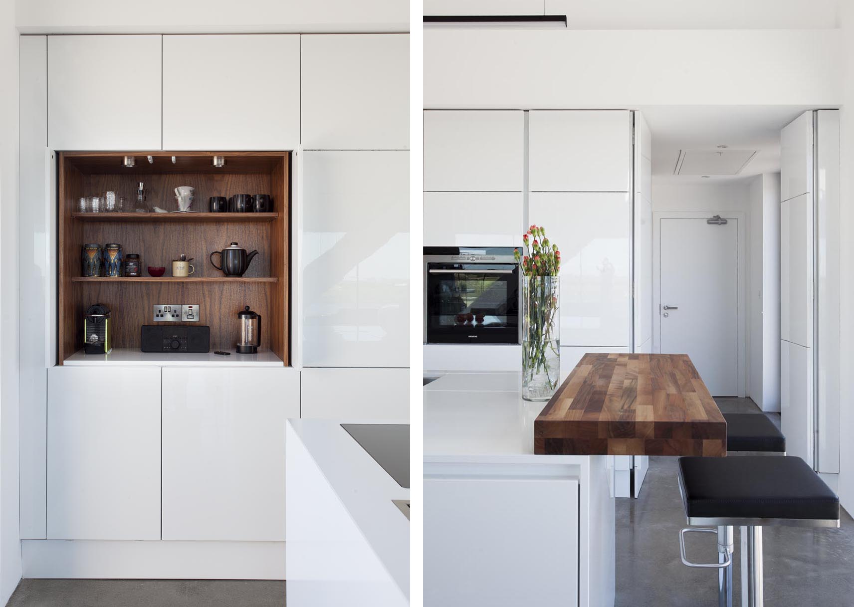 White hi gloss kitchen with coffee station and hidden utility